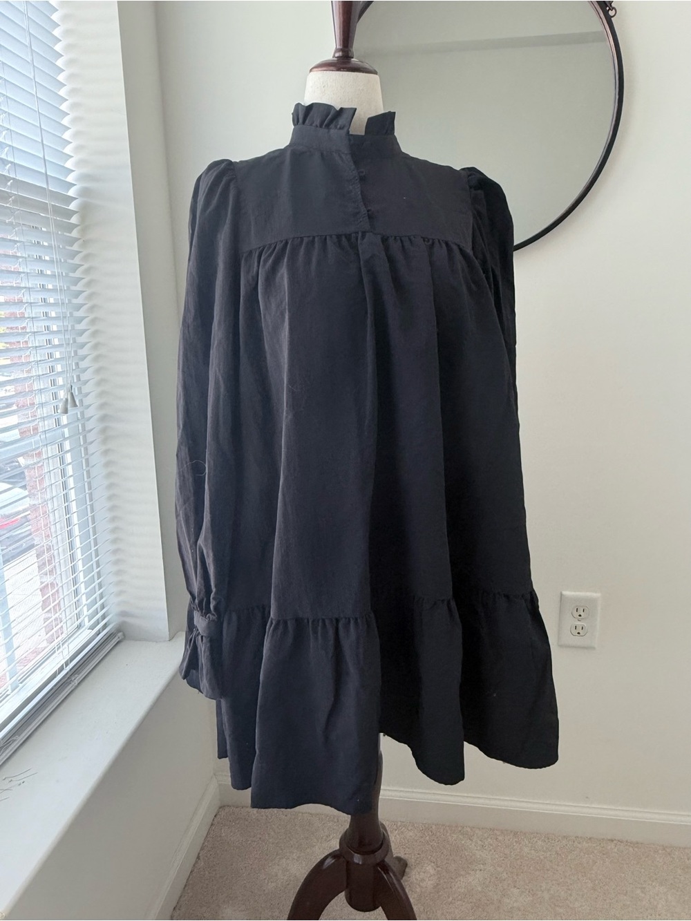 H&M Black Long Sleeve Ruffle-Neck Midi Dress